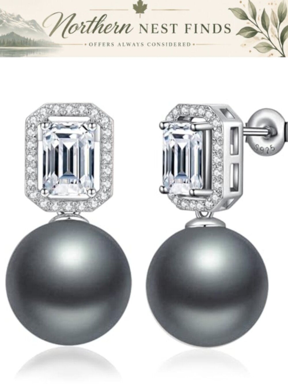 Pearl Stud Earrings 925 Sterling Silver Cubic Zirconia 12MM